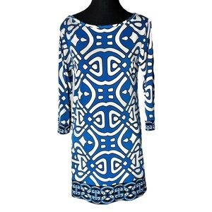 LAUNDRY BY DESIGN Blue White Abstract Shift Sheath Dress Stretchy Size 2